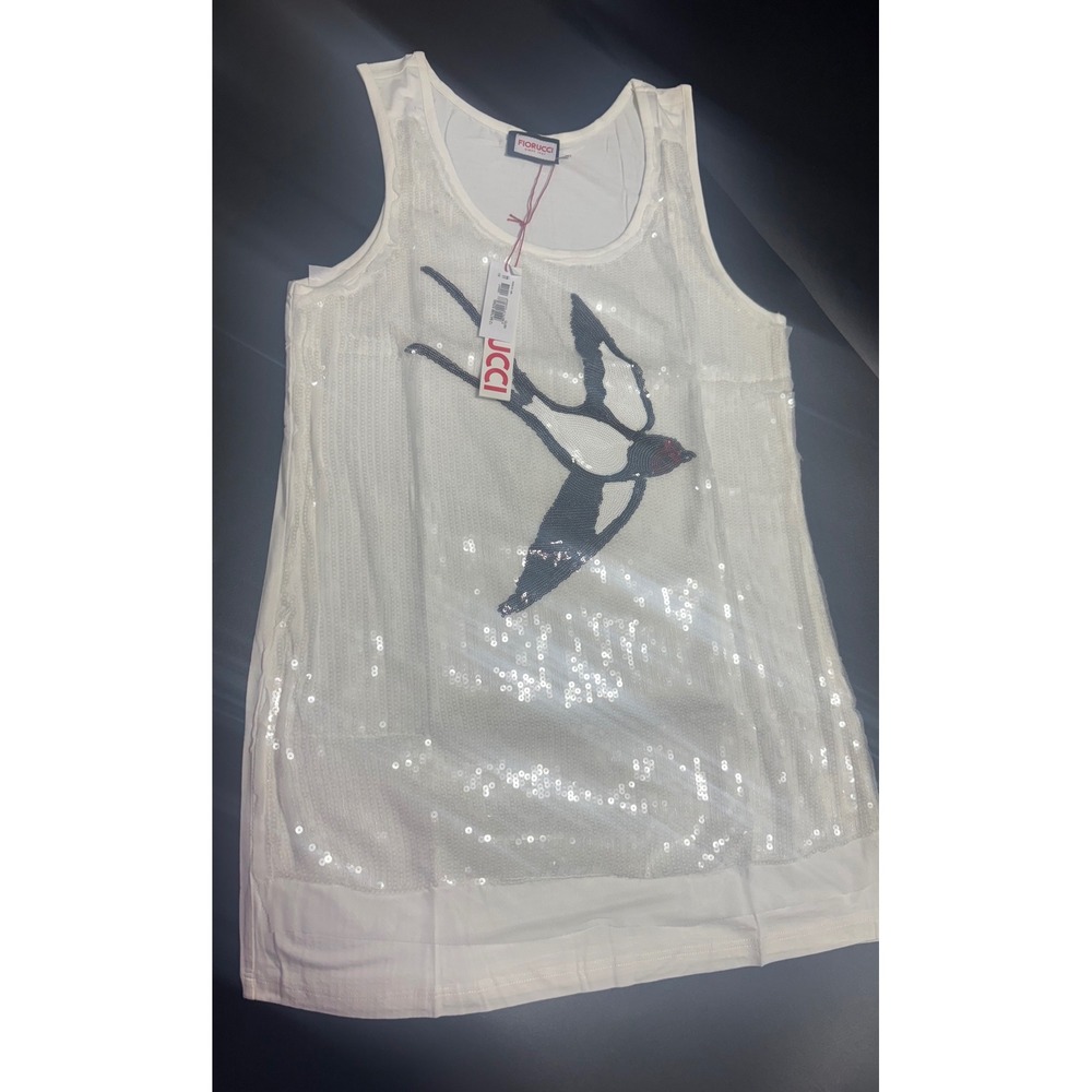 Fiorucci NEW‎ White Sequin Embellished Bird Graphic Sleeveless Tank Top Sz 44/XL